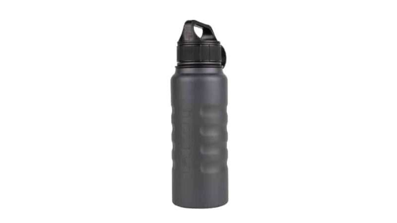 Lid On Front View Of 32 Oz Textured Charcoal Insulated Water Bottle