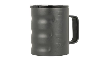 front side view of insulated coffee cup with textured charcoal finish