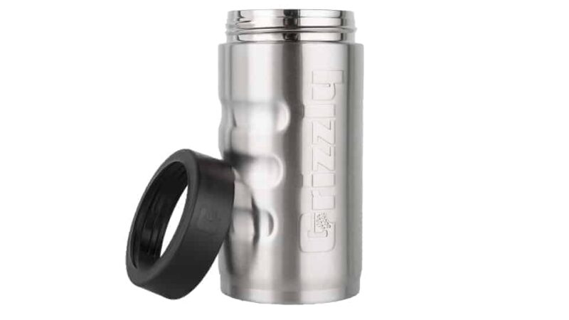front view with push on ring off brushed stainless steel can koozie