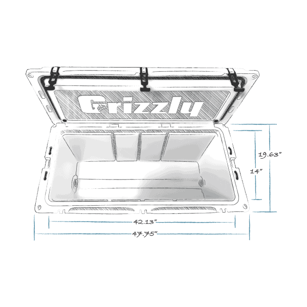 grizzly 165 hard cooler sketch top view with external dimensions