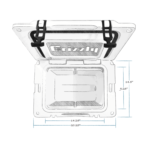 grizzly 20 hard cooler top view with external dimensions