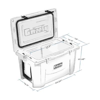grizzly cooler sizes, grizzly 40 hard cooler lid open with internal and external dimensions
