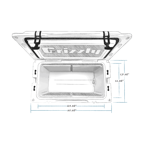 grizzly 60 hard cooler top view with external dimensions