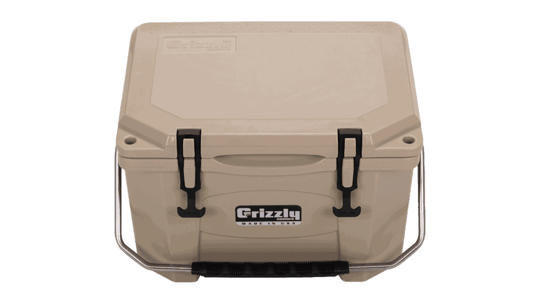 tan grizzly 20 quart cooler with lid closed, angled top front view