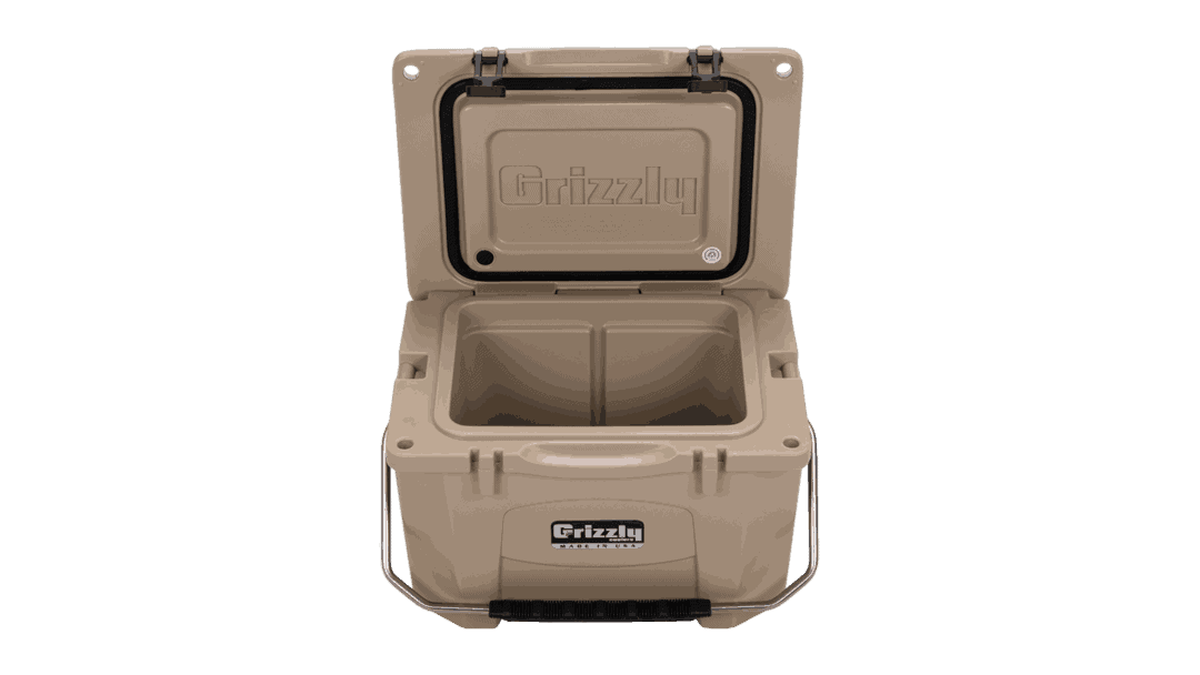 tan grizzly 20 with lid open, angled top front view