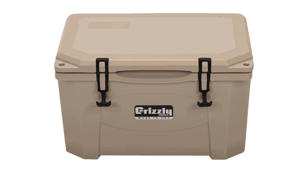 top front view looking down at tan grizzly 40 outdoor cooler with lid closed
