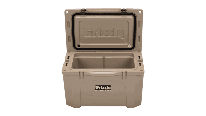 Tan Grizzly 40 With Lid Open, Angled Top Front View
