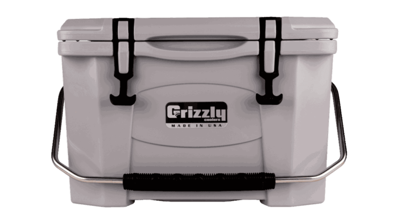 gray grizzly 20 quart cooler, lid closed with stainless steel handle, front view