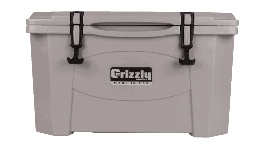gray - front view of grizzly 40 quart cooler, lid closed