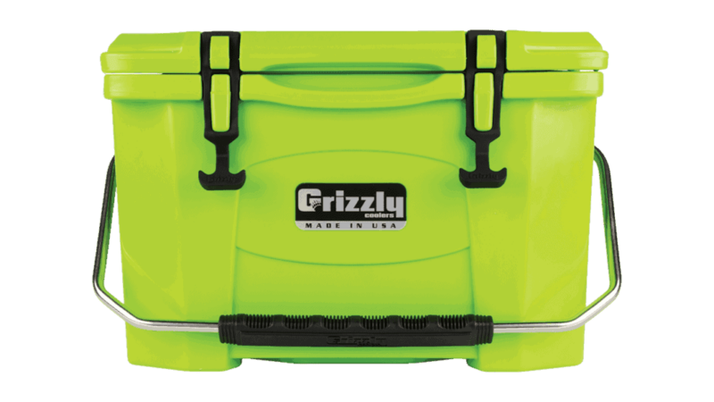 lime grizzly 20 quart cooler, lid closed with stainless steel handle, front view