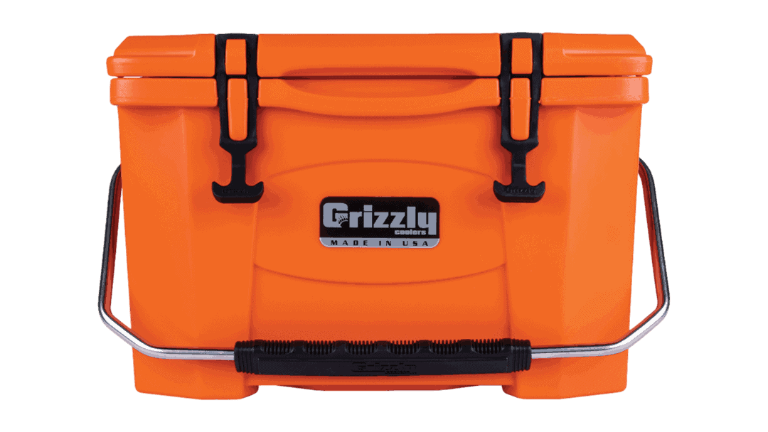 orange grizzly 20 quart cooler, lid closed with stainless steel handle, front view