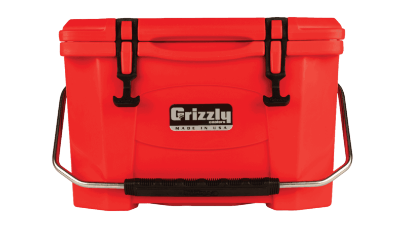 red grizzly 20 quart cooler, lid closed with stainless steel handle, front view