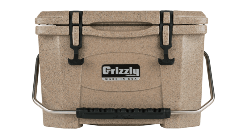 sandstone grizzly 20 quart cooler, lid closed with stainless steel handle, front view