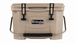 Tan Grizzly 20 Quart Cooler, Lid Closed With Stainless Steel Handle, Front View
