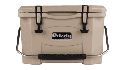 tan grizzly 20 quart cooler, lid closed with stainless steel handle, front view