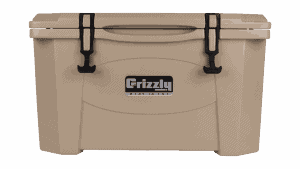 tan - front view of grizzly 40 quart cooler, lid closed