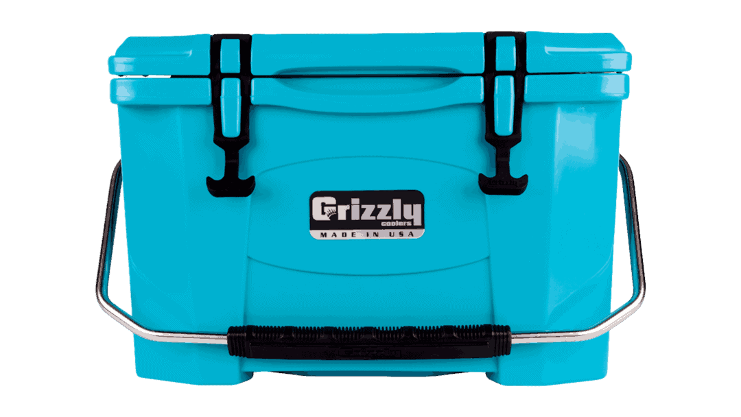 teal grizzly 20 quart cooler, lid closed with stainless steel handle, front view