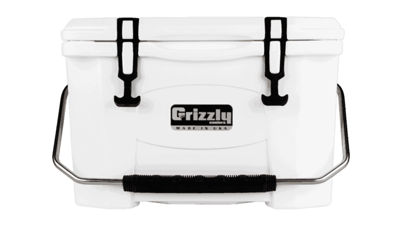 white grizzly 20 quart cooler, lid closed with stainless steel handle, front view
