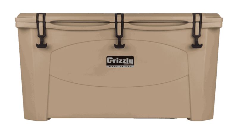 Tan Grizzly 100 Quart Cooler - Lid Closed Front View