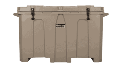 tan - front view of grizzly 400 quart cooler, lid closed