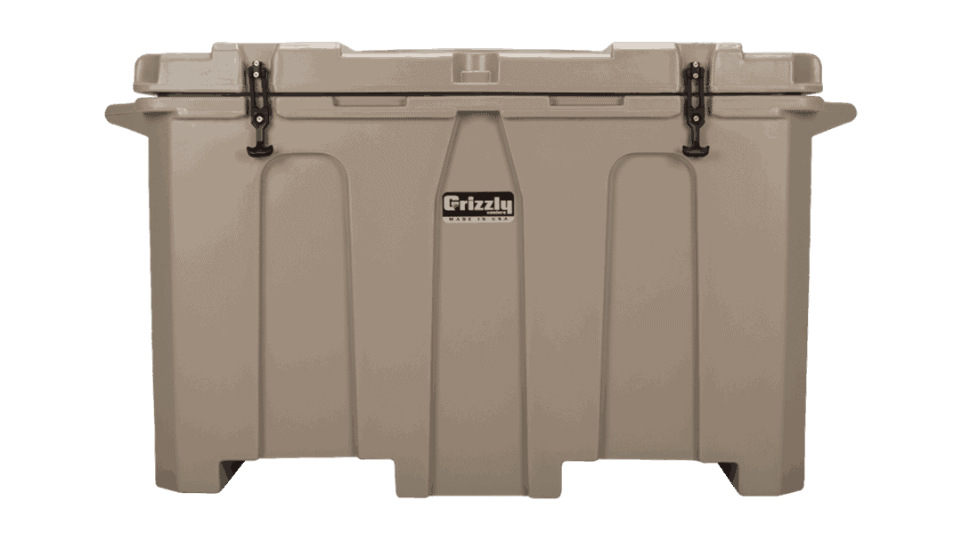 tan - front view of grizzly 400 quart cooler, lid closed