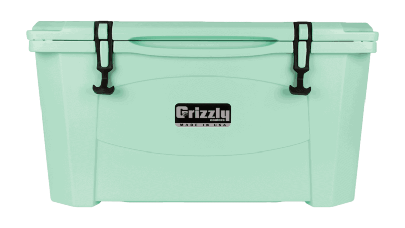 Seafoam Green Grizzly 60 Quart Cooler - Lid Closed, Front View