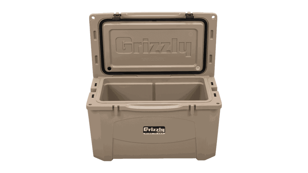 tan grizzly 60 with lid open, angled top front view