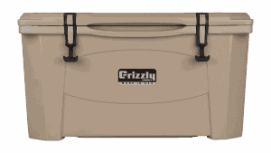 tan grizzly 60 quart cooler - lid closed, front view