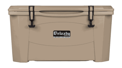 tan grizzly 60 quart cooler - lid closed, front view