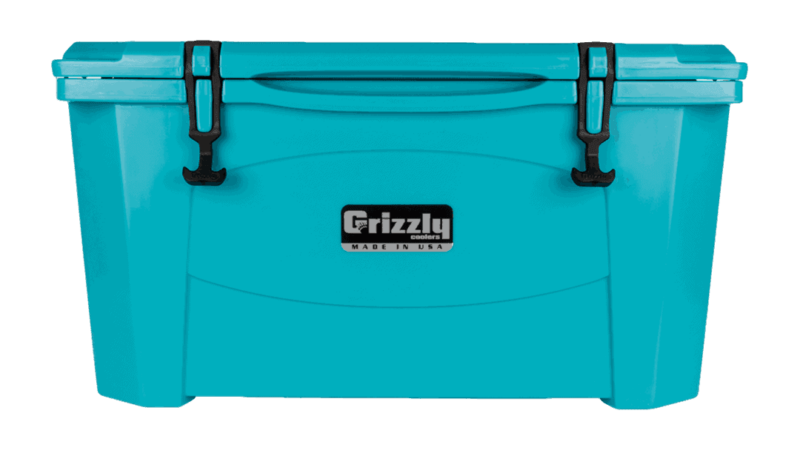 Teal Grizzly 60 Quart Cooler - Lid Closed, Front View