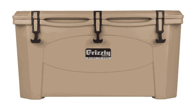 tan grizzly 75 quart cooler - lid closed front view