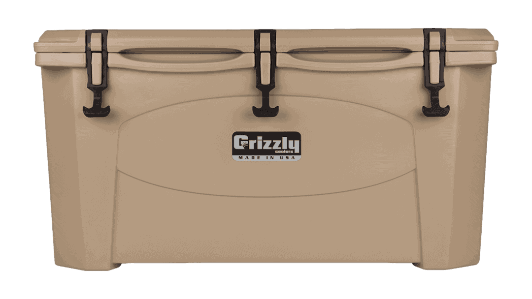 Tan Grizzly 75 Quart Cooler - Lid Closed Front View