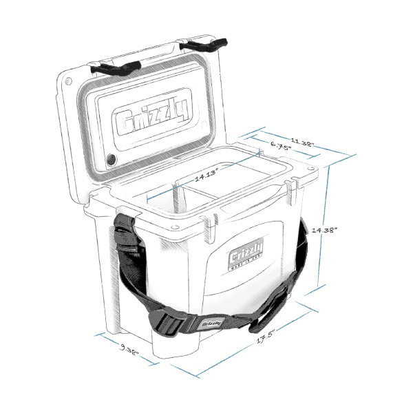 grizzly 15 hard cooler lid open with internal and external dimensions