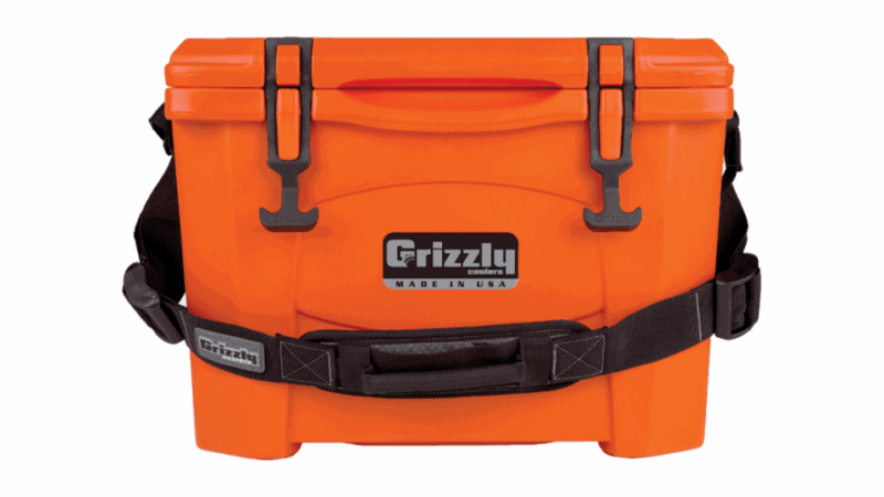 grizzly 15 quart orange cooler lid closed with carry strap, front view