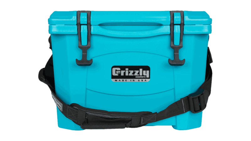 teal grizzly 15 quart cooler, lid close with carry strap