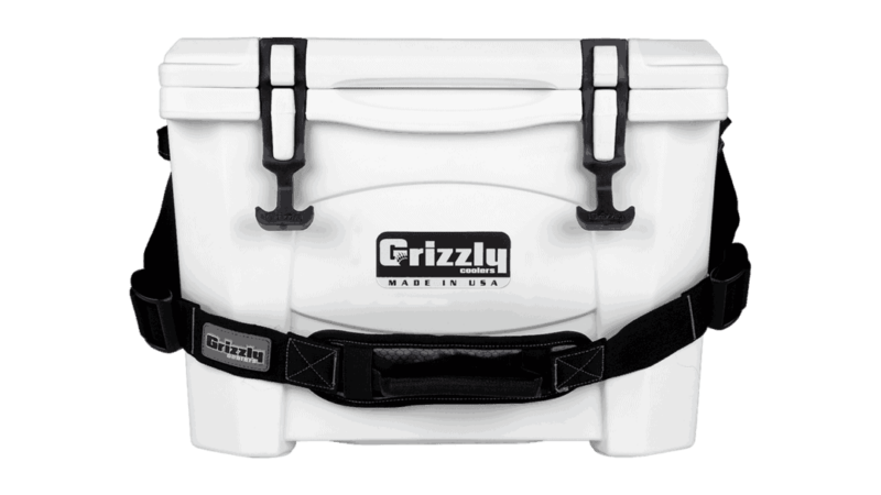grizzly 15 cooler - white front view with carry strap
