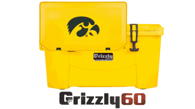 iowa hawkeyes logo on yellow grizzly 60 cooler