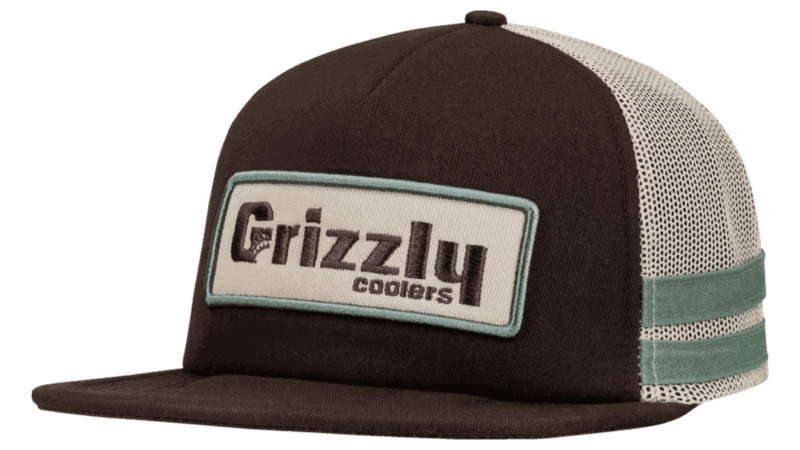 Grizzly Hat With Flat Bill And Snapback Fit. Grizzly Coolers Badge Logo On Front