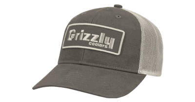 grizzly hat, olive and mesh snapback fit cap with grizzly coolers badge on front