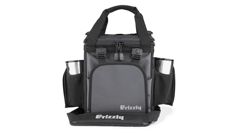 black/gunmetal drifter 12+ soft sided cooler with grip cups in pockets