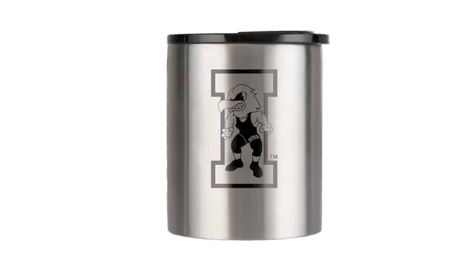 insulated coffee cup with black iowa hawkeye wrestling logo