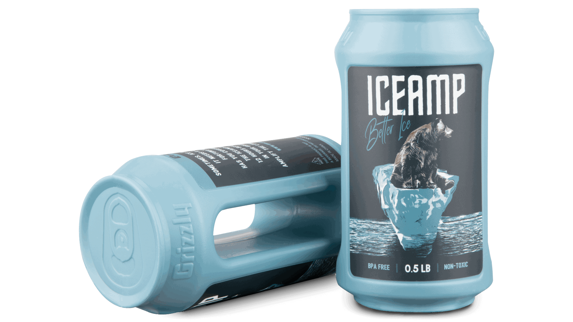 Reusable Ice packs- 2 ICEAMPS one front label profile and one laying down on side