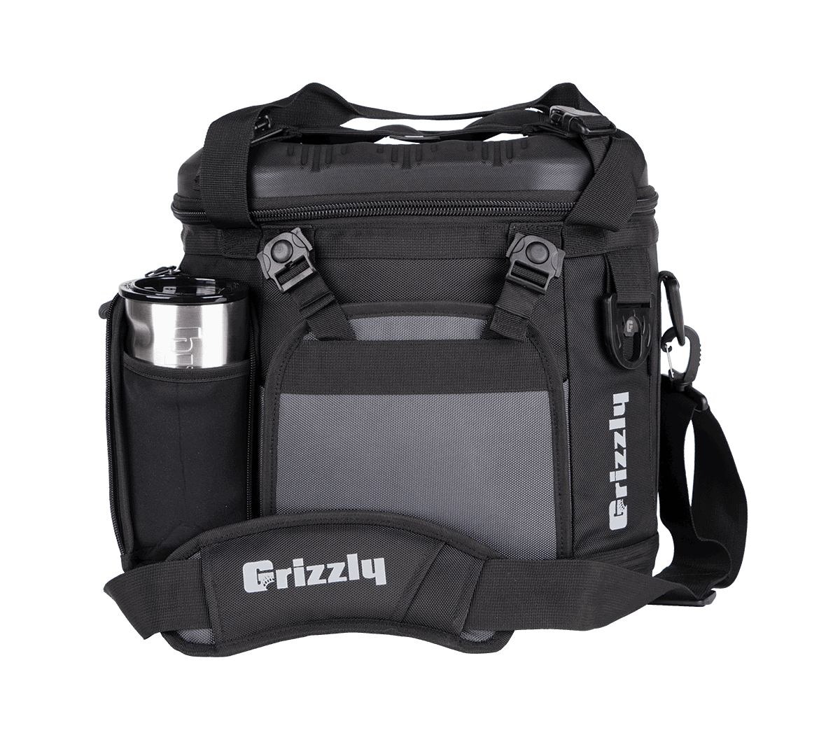 Front View With Grizzly Grip Cup In Pocket Of Grizzly Drifter 20 Soft Sided Cooler In Black/Gunmetal