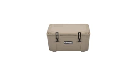tan grizzly 40 cooler top front angle view