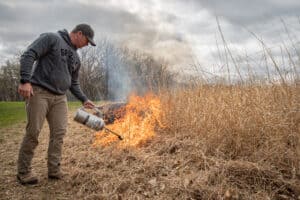 man burning field preparing for food plots