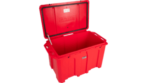 G400 Lid Prop Installation Guide, red G400 hard sided cooler with lid open, showcasing the lid prop hardware fully installed